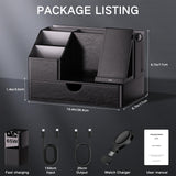 Black PU Leather Multi-Device Charging Station with Drawer - 6-in-1 Desktop Organizer for Phone, iPad, Tablet, Laptop, Watch, Headphones - Electronics Docking Hub & Storage Box for Office Home (Black)