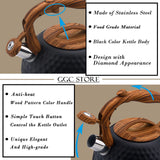 GGC Tea Kettle for Stove Top, Loud Whistling Kettle for Boiling Water Coffee or Milk, 3.1 Quart 3L Heavy Stainless Steel Black Kettle with Wood Pattern Handle, Unique Button Control Kettle Outlet