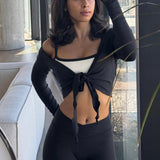 Talakeno Womens Ballet Wrap Tops Cropped Long Sleeve Self Tie Front Shirt Y2K Workout Yoga Pilates Dance Cover Up Blouse(Black,XS)