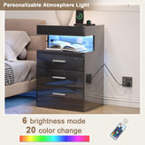 Treocho Led Nightstand with Hidden Space, Modern Night Stand with Charging Station, 3 Drawer Smart Nightstand with Glossy Finish, Tall Bedside Table with RGB Lights for Bedroom, Black