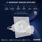 LUXRITE 3 Inch Trimless LED Recessed Lighting, 15W, 1100LM, 5CCT Selectable 2700K-5000K, Dimmable Ceiling Spotlight, CRI 90, Damp & IC Rated, Plaster Downlight, ETL Listed (6 Pack)