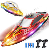 DEERC 2-Pack RC Boats for Kids, Fast Remote Control Boat with 4×1200mAh Batteries, 120 Min Runtime, 7 LED Lights Mode, Capsize Recovery, 2.4GHz Racing, Pool & Lake Toy