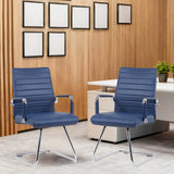 Sidanli Office Reception Chair No Wheels, Stationary No Rolling PU Leather Mid Back Guest Chair with Sled Base for Conference Waiting Area, Blue Set of 2