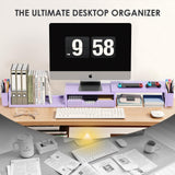 OPNICE Desk Organizers and Accessories, Dual Monitor Stand Riser with Drawer and 2 Pen Holders, Desk Shelf Computer Racks & Printer Stand for Office Workspace Organizers, Desktop Organization (Purple)