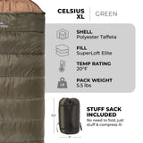 Teton Celsius XL +20F Sleeping Bag; Cold Weather Sleeping Bag; Great for Family Camping; Free Compression Sack, Green, Right Zip