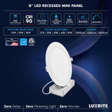 LUXRITE 8-Inch LED Recessed Light with J-Box, Canless Mini Panel Spotlight, 5CCT 2700K-5000K, 13/15/18 Watts, 1050/1250/1500 Lumens, CRI90, Dimmable, 120-277V, IC Rated, Wet Rated ETL Listed (24 Pack)