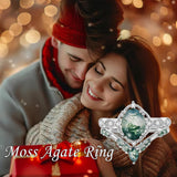 Oseew Natural Moss Agate Ring for Women 2CT Oval Cut 2 Pieces Engagement Ring Set 10K/14K/18K Solid Gold/Sterling Silve Personalized Wedding Leaf Vintage Bridal Promise Ring for Women