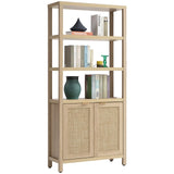 SICOTAS 71" Tall Rattan Bookshelf with Doors for Living Room Library