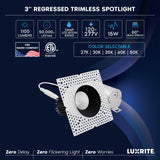 LUXRITE 3-Inch LED Trimless Recessed Spotlight with Black Reflector Trim Replacement 15W 1100LM 2700K-5000K, 60° Beam Angle, Dimmable, Push-n-Lock, CRI90, Damp & IC Rated, ETL White + Black (4 Pack)