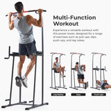 Sunny Health & Fitness Multi-Function Compact Power Tower 300 LB Weight Capacity Strength Training Fitness Equipment with Captains Chair, Dip Station, Pull Up Bar, Push Up & Core Workout - SF-XF924016