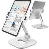 AboveTEK Tablet Stand Holder, Stylish Aluminum iPad Stands, Foldable 360° Swivel iPad iPhone Table Stand Holder fits 4-11" Tablets/Smartphones for Kitchen Bedside Office POS Showroom Reception (White)