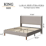 King Size Linen Platform Bed Frame with Wingback Upholstered Headboard