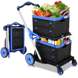 Olenyer Collapsible Shopping Cart with Wheels, 200 LBS Capacity Blue Grocery Cart with Storage Crates, Platform Hand Truck with Foot Brake