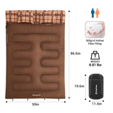 KingCamp Double Sleeping Bag for Adults, Queen Size 2 Person XXL Flannel Sleeping Bag, Waterproof Lightweight Flannel Quilt with 2 Pillows, Perfect for Couples Family Camping Hiking, Coffee