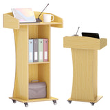 Podium Stand with Metal Wheels Wooden Lectern Podium Stand Portable Pulpit Standing with Storage