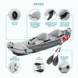 Intex Dakota K2 2 Person Inflatable Vinyl Kayak and Accessory Kit with 86 Inch Oars, Air Pump, and Carry Bag for Lakes and Rivers, Gray and Red Intex