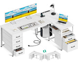 Coleshome L Shaped Computer Desk with 6 Drawers & Power Outlet, 55 Inch Corner Desk