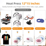 Heat Press Machine 12 X 15 inch, 6 in 1 Shirt Printing Heat Transfer Machine 360° Swing Away