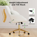 Home Office Desk Chair Comfy with Adjustable Swivel Wheels, Modern Velvet Makeup Vanity Chair with Back & Pillow, Ergonomic Office Chair Computer Task Chair for Living Room, Bedroom, White