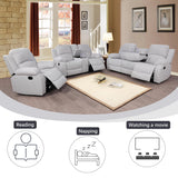 MOOLSUN Living Room Furniture Set Corduroy Recliner Compartments and Cup Holders Reclining for Home Theater/Office（A-Grey White Microfiber,3 piece Set）