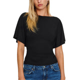 SeeLuNa Women Cinched Waist Shirts Stretchy Dolman Sleeve Boat Neck Knit Top Trendy Streetwear Outfits Basic Workout Tee Tops(Black,XS)