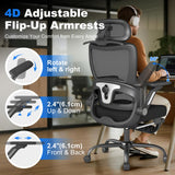 Keratee Ergonomic Office Chair, Home Computer Chair with 3D Adjustable Headrest and 4D Flip-Up Armrests, Adjustable Lumbar Support, Suitable for Office and Study, 8PC, Black
