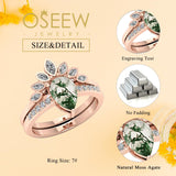 Oseew Personalized Moss Agate Ring set Engraving Text Moss Agate promise Ring Set 18k gold Teardrop Moss Agate Stone
