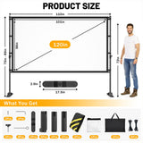 120 inch Outdoor Projector Screen with Stand, Portable Projector Screen Outdoor with Sand Bag, 16:9 4K HD Movie Screen with Carry Bag for Backyard, Camping, Theater