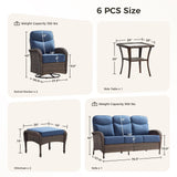 Luxury Patio Furniture Set with 6-inch Thick Cushions, Outdoor Furniture Set with High Back Swivel Chairs, 6 PCS Wicker Outdoor Conversation Set for Porch, Patio, Yard, Deck, Poolside, Brown/Blue