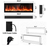 60” Smart Electric Fireplace with Voice Control, Realistic Flame, Crackling Sound, Wall Mounted or Recessed Fireplace Insert, App/Remote Control, Logs & Crystals Included for Living Room, Bedroom