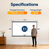 VIVOHOME 80 Inch 16:9 Pull Down Projector Screen, HD 4K Retractable Movie Screen for Indoor Home Theater and Office, Manual Projection Screen with Auto Locking (70Wx40H Inch Display Area)