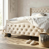 Queen Upholstered Bed Frame, 50-Inch Wingback Headboard, Cream White