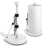 Stainless Steel Tension Arm Paper Towel Holder - Easy One-Handed Operation - This Sturdy Weighted Paper Towel Dispenser Countertop Model Has Suction Cups and Holds All Paper Towel Rolls (White)
