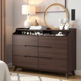 Dresser for Bedroom with 6 Drawers, 55" Large Dresser & Chest of Drawers with Charging Station, Wood Closet Clothes Storage Long Dressers Organizer for Bedroom Living Room Hallway (Brown)