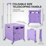 Foldable Utility Cart Folding Portable Rolling Crate Handcart with Durable Heavy Duty Plastic Telescoping Handle Collapsible 4 Rotate Wheels (Purple)