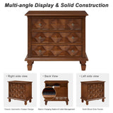 LVHOM Traditional Geometric Textured Nightstand, 3 Drawer Solid Wood Bedside Table with Carved Front Panels, Rustic End Table for Bedroom Living Room, Set of 2, Walnut