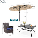 PHI VILLA 7pc Patio Dining Set w/Umbrella, Rectangular Table, Rattan Chairs