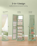 SONGMICS 6 LEDs Lockable Mirror Jewelry Cabinet, 360° Swivel Jewelry Organizer Armoire Standing, Frameless Full-Length Mirror, 3 Storage Shelves, Laurel Green Surface, Cream White Lining UJJC007C01