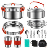 Camping Cooking Set | Stainless Steel Camping Pot and Pan Set with Kettle Cups Plates Forks Knives Spoons Jorunhe