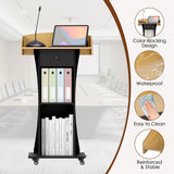 Podium Stand with Metal Wheels Wooden Teacher Lectern Portable Pulpit Standing