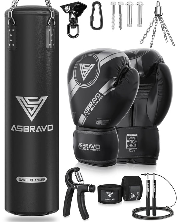 ASBRAVO Punching Bag for Adults, 4ft PU Heavy Boxing Bag Set 12OZ Gloves for MMA Muay Thai Kickboxing Training Home Gym, Martial Art (Unfilled)-Black ASBRAVO