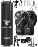 ASBRAVO Punching Bag for Adults, 4ft PU Heavy Boxing Bag Set 12OZ Gloves for MMA Muay Thai Kickboxing Training Home Gym, Martial Art (Unfilled)-Black ASBRAVO