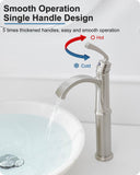 HEYMYTAP Bathroom Vessel Sink Faucet Brushed Nickel, Brass Tall Waterfall Bathroom Faucet 1 Hole Bathroom Sink Faucet Single Handle Bathroom Faucets with Water Lines Pop-Up Drain