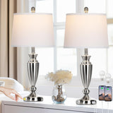Rinweey Metal Table Lamps Set of 2, 3 Way Touch Control Silver Bedside Lamps with USB A+C Ports, Modern Brushed Nickel Nightstand Lamps for Bedroom Living Room