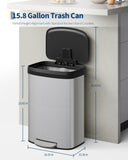 Garvee 16 gal / 60 L Stainless Steel Trash Can with Lid, Large Garbage Can for Kitchen, Rustproof Step-on Kitchen Metal Trash Bin with Liner Rim, Silver