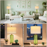 Table Lamps Set of 2 with Touch Control, 3-Way Dimmable Nightstand Lamp with Vertical Grained Glass, 27" Modern Glass Bedside Lamps with USB A+C Ports, Green Bedside Table Lamps, Desk Lamp for Bedroom