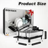 Ewaiira Dish Drying Rack, 304 Stainless Steel Dish Racks for Kitchen Counter, Dish Drainers with Automatic Drainage, Utensil Holder & Cups Holder, Space Saving Kitchen Organizer, Black 16.5''x12.6''