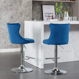 MOOLSUN Rotating Velvet Bar Stools Set of 6, Modern Padded with Nailhead Trim and Tufted Back, Adjustable Swivel Counter Height Stools for Kitchen Island, Bar, Club,Blue(Silver Base)