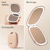 Fancii Mila 2 Compact Makeup Mirror with LED Light, Rechargeable, 10x /1x Magnifying, Tru-Glow Lighting System, Vegan Leather, Small Travel Mirror for Purses (Champagne Cream)
