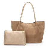 Suede Tote Bag for Women with Leather Purse Large Capacity Work Travel Handbags Ladies Shoulder Bags (Khaki)